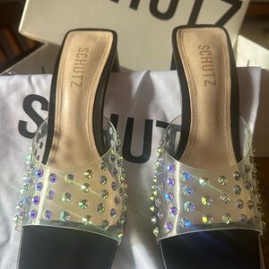 SCHUTZ Clear Slide Mules with Iridescent Studs - Black/Clear Bling into Spring